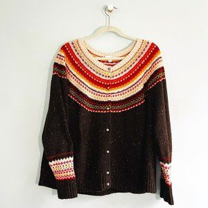 j. jill - Fair Isle Cardigan - Brown, Orange, Yellow, Cream - 2X